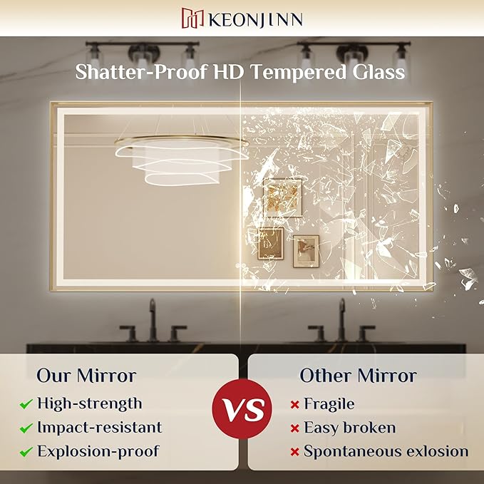 Keonjinn 72 x 36 Inch LED Mirror for Bathroom Large, Gold Front & Back Lighted Bathroom Mirror, HD Shatter-proof Tempered Glass, UL Listed LED Driver, Beveled Framed, 3 Color Lights, Dimmale, Anti-fog