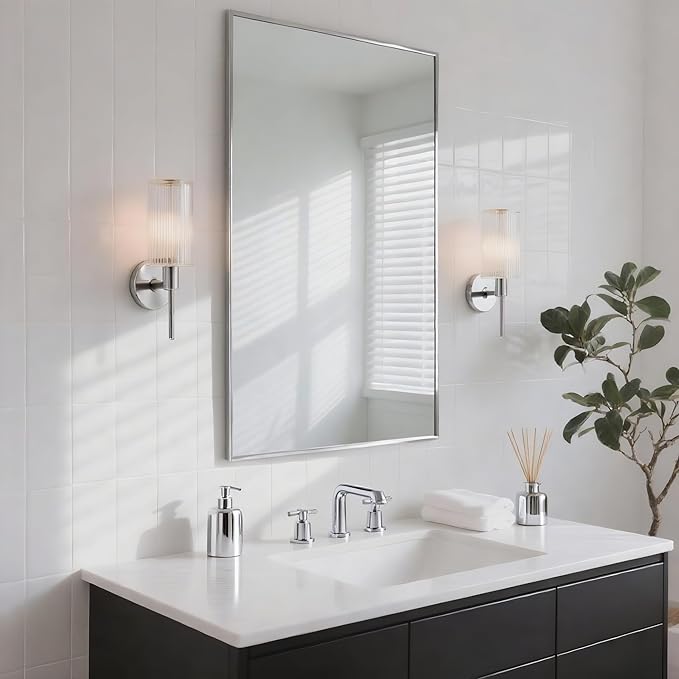 20x36 Inch Nickel Bathroom Mirror for Wall, Aluminum Frame Rectangle Rectangular Vanity Mirror, Modern Large for Bedroom, Living Room, Horizontal or Vertical