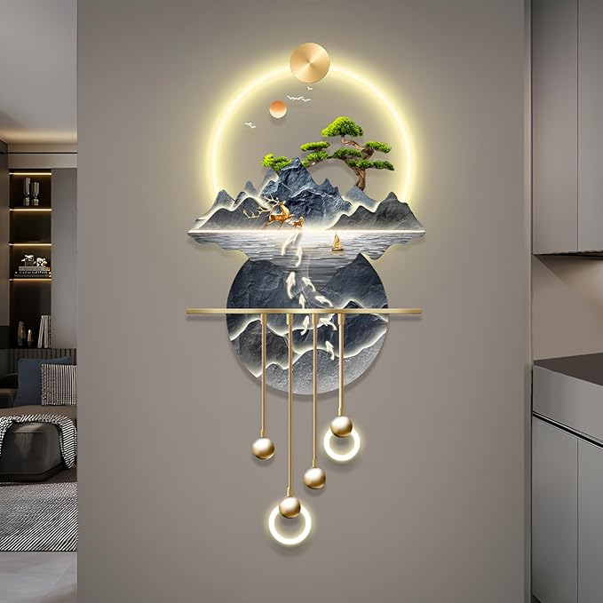 XQDYSG Wall Sculptures 3D Wall Art Decor Landscape Painting Wall Hanging Art with Led Light for Living Room Entrance Corridor (Stylle E)