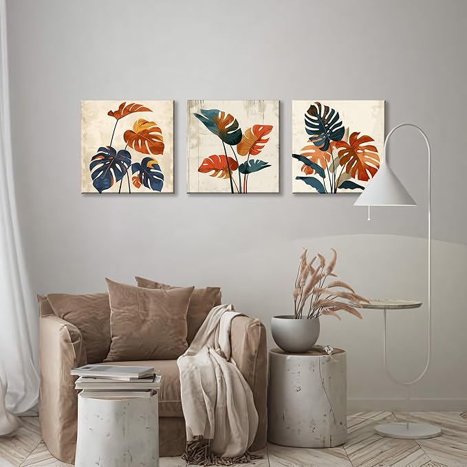 NAN Wind 3Pcs Modern Mid-century Abstract Tropical Monstera Leaf Canvas Art Orange and Blue Botanical Wall Print Minimalist Wall Decor Tropical Leaves Framed Wall Art for Contemporary Home Decor