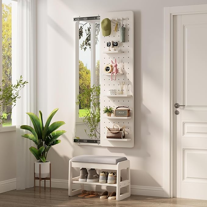 KungFuWood Full Length Mirror with Shelf and Hooks,Entry Way Mirrors for Wall,Wall Mirror with Shelf,Wall Mirror with Storage Multifunctional Design Panel,Living Room