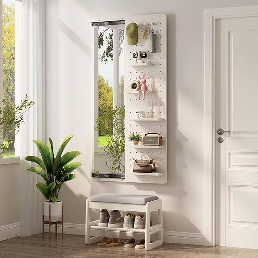 KungFuWood Full Length Mirror with Shelf and Hooks,Entry Way Mirrors for Wall,Wall Mirror with Shelf,Wall Mirror with Storage Multifunctional Design Panel,Living Room