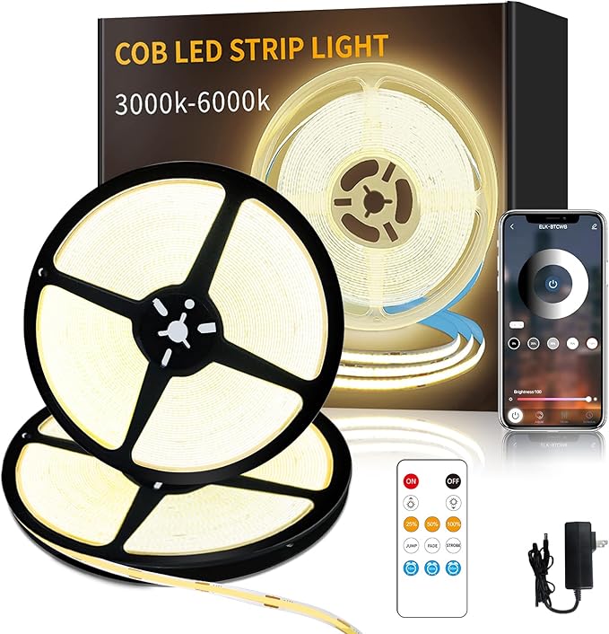 100FT COB LED Strip Lights 3000K Warm White Dimmable DC 24V Flexible LED Tape Light for Bedroom, with Remote and app Control LED Light Strip,for DIY Home Decoration