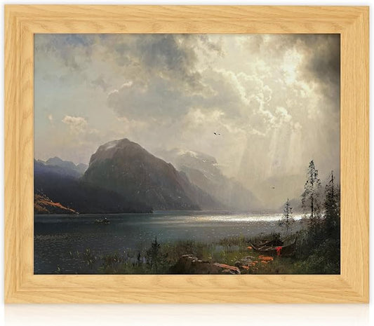 Brivoria Framed Canvas Wall Art Vintage Decor, Dramatic Mountain Scene with Dark Forest Canoes and Cloud Break Above Lake for Hallway Dining Room or Nature-Inspired Wall Decoration, 13"x16"