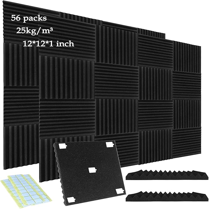 56-Pack Acoustic Foam Panels 12X12X1 Inch, Sound Proof Foam Panels for Walls/Studios, Included 280PCS Double Sided Adhesive Pads, Easy to Install (Black)