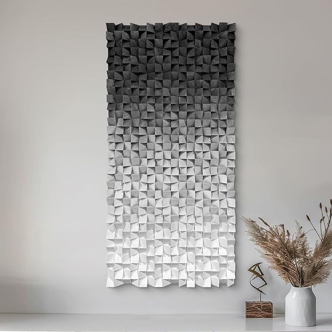 LIUZEYUE - Wooden Block Stereoscopic Painting Geometric Modeling Wall Decoration 3D Wooden Artwork Living Room Bedroom Background Wall Office Decoration Black and White Gradient 23.6"x47.2" inches