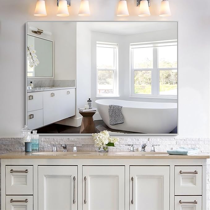 KOCUUY Silver Bathroom Mirror, 48"x36" Large Rectangle Bathroom Mirror for Wall, HD Tempered Glass, Anti-Rust Brushed Silver Frame, Modern Design for Bathroom, Bedroom, Hang Horizontal/Vertical