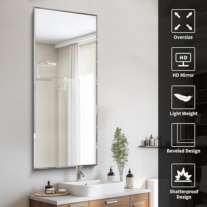 Beveled Mirror, 24x60 Large Frameless Beveled Bathroom Mirrors for Wall, Upgraded Shatterproof Rectangle Vanity Mirror with Beveled Edge for Bathroom, Bedroom, Living Room and Entryway