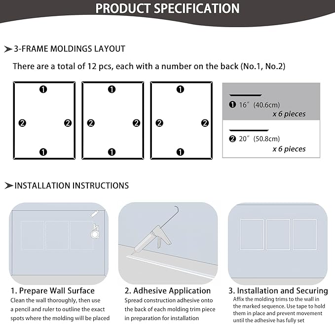 3-Frame 16" x 20" Premade Accent Wall Molding Kit, Ready-to-Assemble Wainscoting Panels, Pre-Cut Chair Rail Moulding Trim Picture Frame for Home Décor