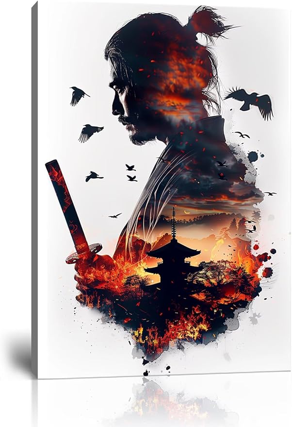 Japanese Samurai Canvas Wall Art Prints Armored Knights Wall Decor Canvas Painting Medieval Poster Framed for Living Room Bathroom Bedroom Office Home Decor Framed (12''W x 16''H)