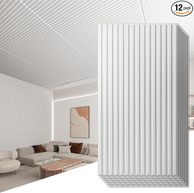 Art3d 12-Pack Slat Design 3D Wall Panels for Interior Wall Decor, 2x4 FT PVC Decorative Drop Ceiling Tiles - White