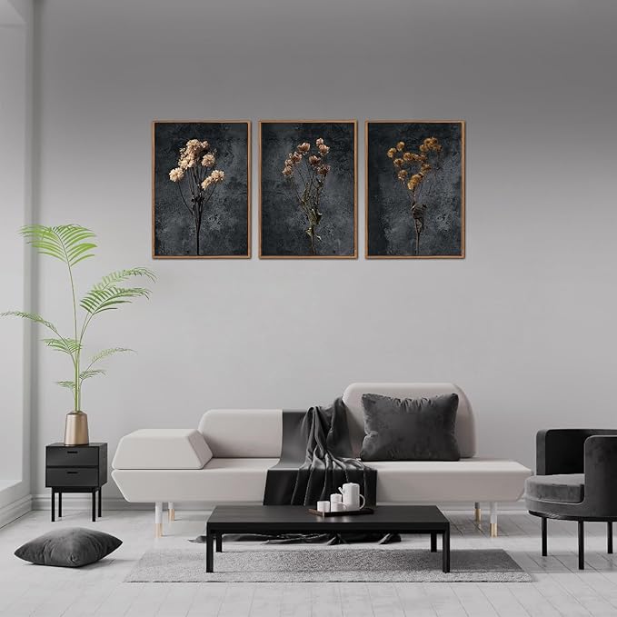LHIUEM Dark Moody Wildflowers Framed Canvas Wall Art Set of 3(12”X16”) Minimalist Wildflower Wall Decor Vintage Black Flower Botanical Painting Aesthetic Floral Artwork for Living Room Bedroom Office