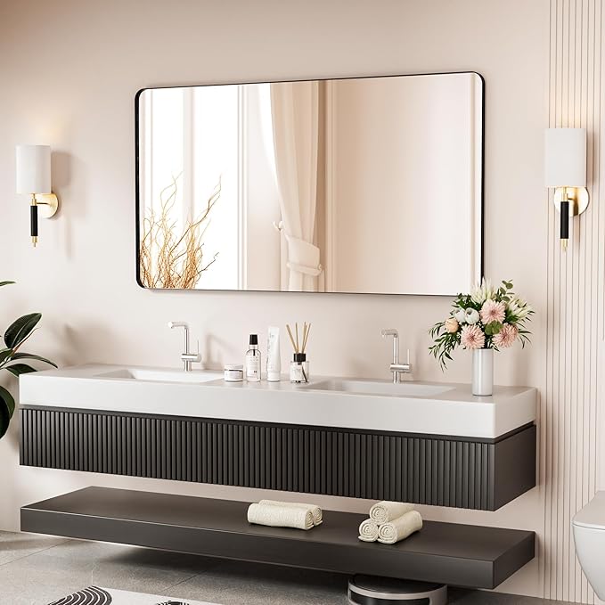 Black Bathroom Mirror 55X30 Inch Bathroom Vanity Mirror for Wall, Metal Frame Large Mirror, Tempered Glass, Modern Wall Mirror for Bathroom, Farmhouse, Horizontally or Vertically Hanging