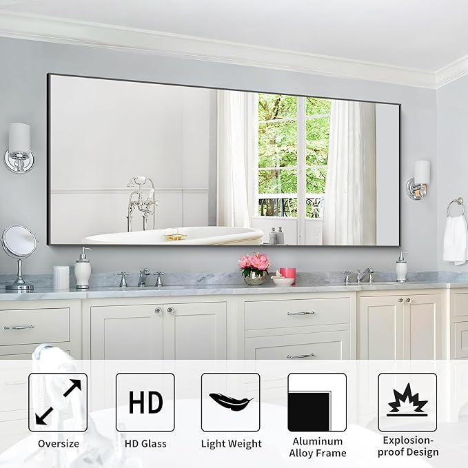 30x72inch Bathroom Mirror, Black Rectangle Mirror with Thin Frame, Large Rectangular Wall Mirrors for Bathroom, Living Roomm, Hair Salon, Big Farmehouse Mirror Hang Horizontal/Vertical