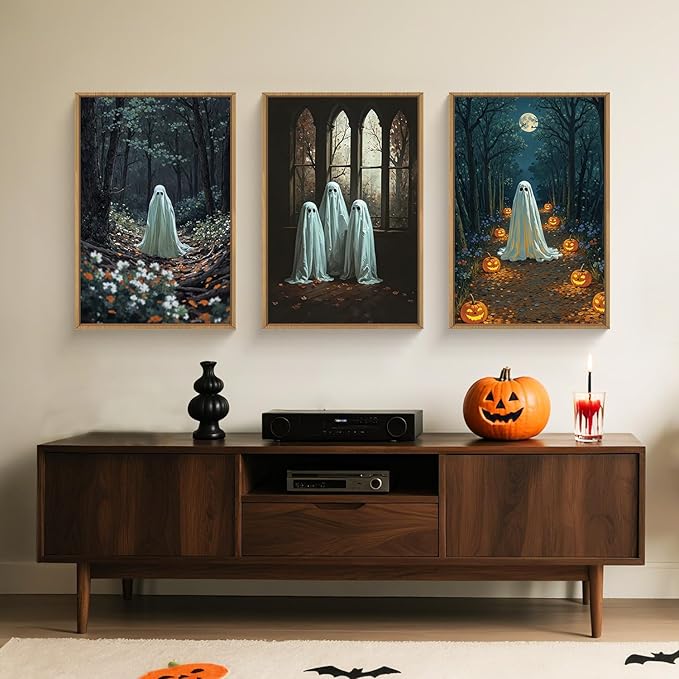 Ausril 3Pc Halloween Cute Ghost Framed Wall Art Set, Scary Forest and Pumpkin Wall Decor, Horror Moon Night Wall Painting, Gothic Spooky Art Print for Living Room, Bedroom, Party, Basement 24×36inch
