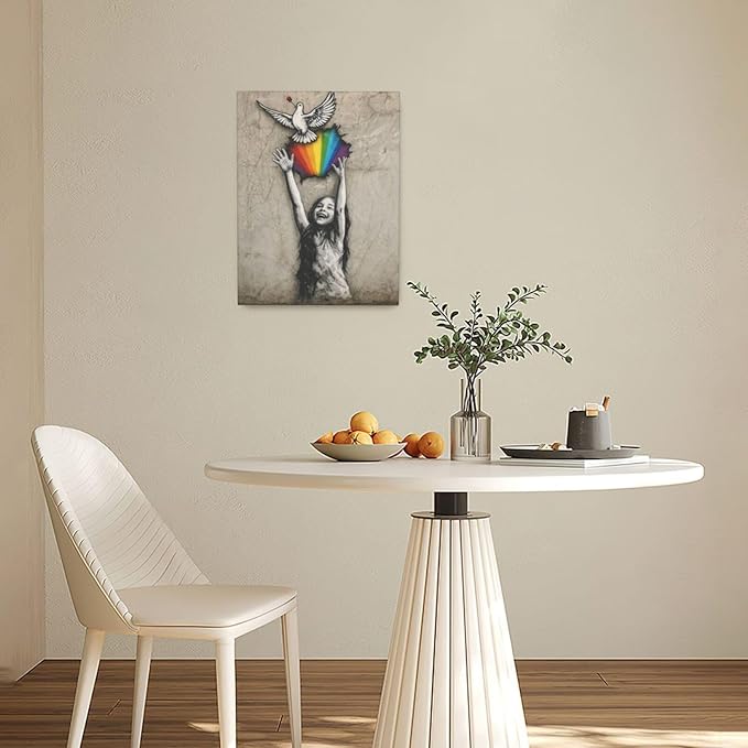 Banksy Street Graffiti Wall Art Rainbow Canvas Wall Decor Love And Peace Pictures Paintings Prints Artwork Framed Modern Decorations For Bedroom Bathroom Office Living Room Gifts 12" x 16"