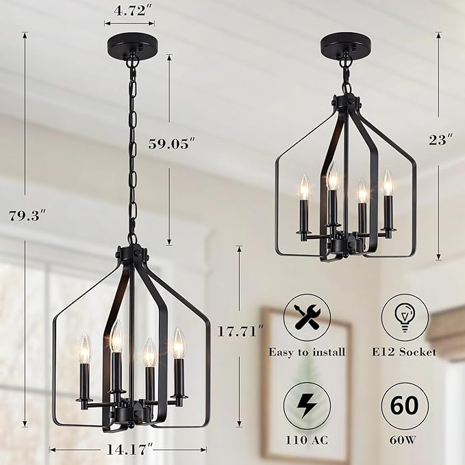 4-Light Black Farmhouse Chandelier, Geometric Industrial Cage Pendant Light, Adjustable Rustic Fixture for Dining Room, Kitchen Island, Entryway & Bedroom