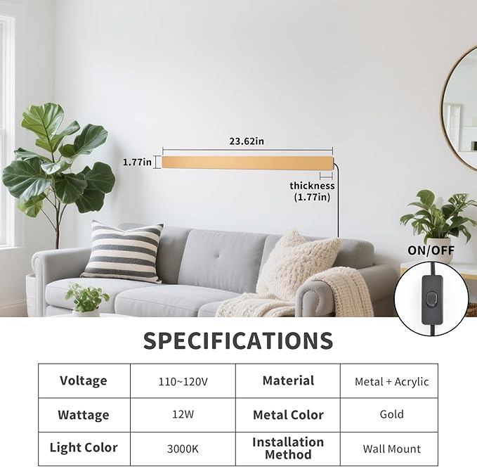 Modern Plug in Wall Sconces, 23.6 inch Frosted Gold LED Long Wall Lights, 12W Warm White 3000K Acrylic Indoor Wall lamp,with 59" Plug Cable for Bedroom, Living Room, Bathroom Makeup, Hallway