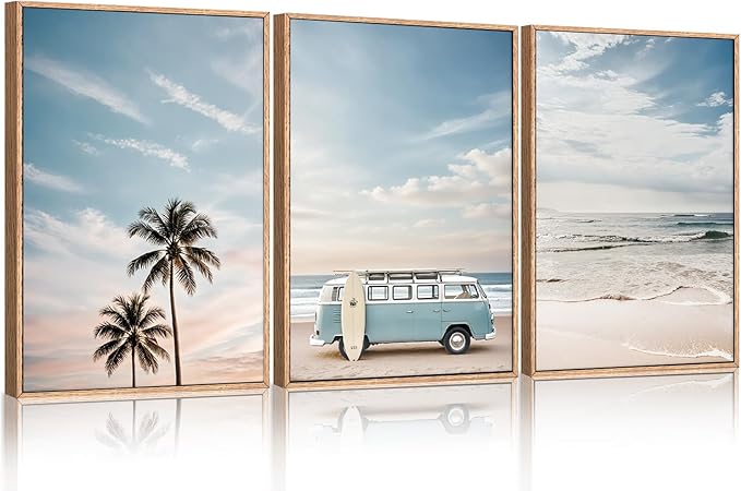 Ausril Large Surfboard Ocean Beach Framed Canvas Wall Art Set, Coastal Beach Wall Decor, Bus and Palm Tree Wall Painting, Blue Van Seaside Art Prints for Living Room, Bedroom, Dining Room - 16"x24"x3