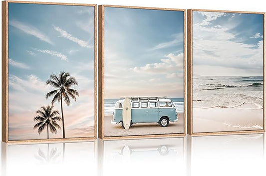 Ausril Large Surfboard Ocean Beach Framed Canvas Wall Art Set, Coastal Beach Wall Decor, Bus and Palm Tree Wall Painting, Blue Van Seaside Art Prints for Living Room, Bedroom, Dining Room - 16"x24"x3