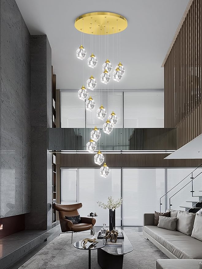 16-Lights Gold Long Spiral Staircase Crystal Chandelier 130 inch Foyer Entrance High Ceiling Chandelier Lighting LED Dimmable 3000-6000K