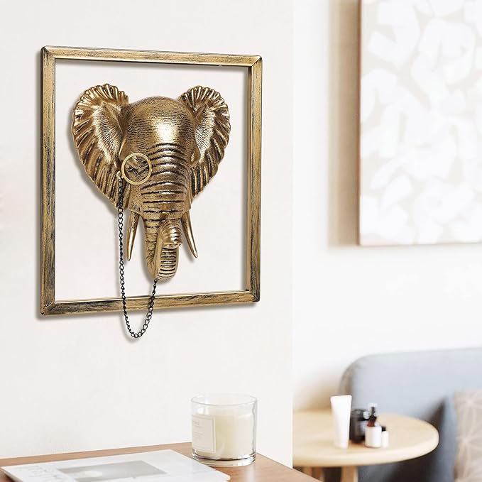 Newinhome Animal Heads Wall Decoration (Gift Metal Frame) Resin Animals Sculptures Head Wall Hanging Decor Gold vintage Wall Sculpture for Living Room Bedroom Office(Elephant)