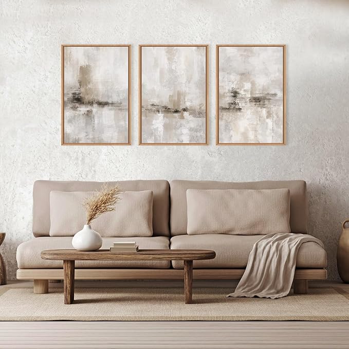 Ausril Large Minimalist Textured Framed Canvas Wall Art Set, Neutral Abstract Wall Decor, Modern Beige Gray Wall Painting, Brown and White Art Print for Living Room, Bedroom, Office 16" × 24" × 3