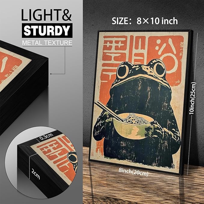 Black Framed Canvas Wall Art Posters Vintage Japanese Frog Prints Funny Frog Eating Ramen Unique Kitchen Decor Artwork 8x10 inch for dining Room Bedroom or Living Room Decoration