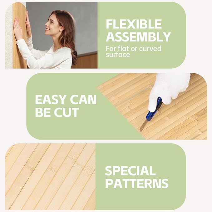 Bamboo Wall Panels for Interior Wall Decor（48"H x 96"L）Natural Wainscoting Panels Wall Paneling for Living Room Decor, Tiki Bar,Kitchen,Ceiling Tiles, Pole Wrap Wood Roll,Wall Decor for Bedroom