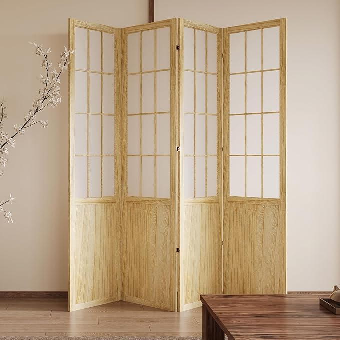 5.6FT Room Divider and Folding Portable Partition Screen, Chinese Japanese Shoji Style for Room Separation - 4 Panel (Natural)