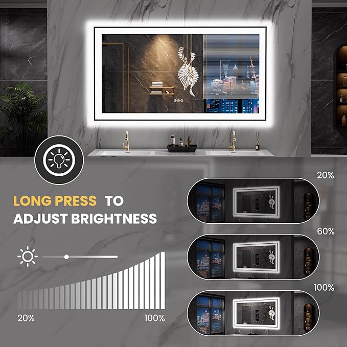 LOAAO 55"X30" LED Bathroom Mirror Black Framed, Anti-Fog, Dimmable, Lighted Bathroom Vanity Mirror for Wall, Memory Function, Tempered Glass