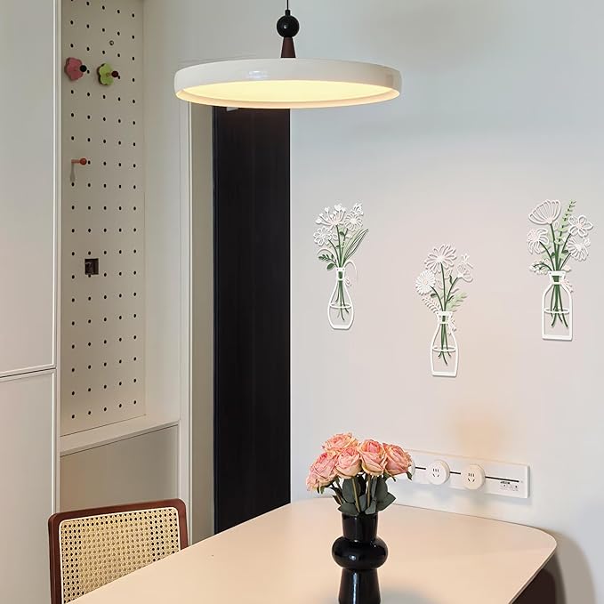 3 Pieces Metal Flower Wall Art - Wordless Minimalist Floral Silhouettes in Vases, Black Rustic Farmhouse Decor for Living Room, Bedroom, Bathroom, Dining Room, Housewarming Gift(Pink -White)