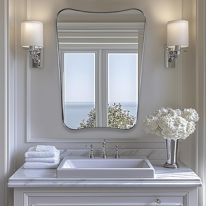 ANDY STAR Brushed Nickel Asymmetrical Wall Mirror, 24x32 Inch Bathroom Vanity Mirror, Butterfly Shaped Designer Mirror Ideal for Home Remodel, Anti-Rust Stainless Steel 1’’ Thin Frame