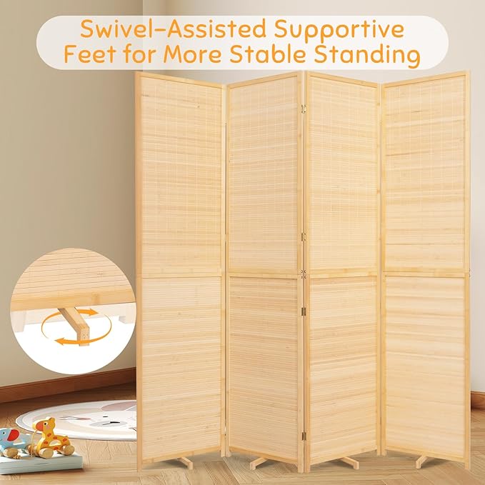 Bamboo Room Divider Folding Privacy Screens, Wall Divider for Room Separation, Portable Room Partitions and Dividers, 5.6FT Bamboo Mesh Woven Room Divider Panel (Beige, 4 Panel)