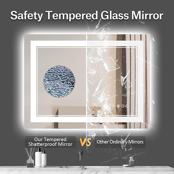 48x36 Inch Bathroom Mirror LED with Lights, Backlit and Front Lighted Anti-Fog Dimmable Memory Lighted Bathroom Vanity Mirror, Large Led Mirror for Bathroom