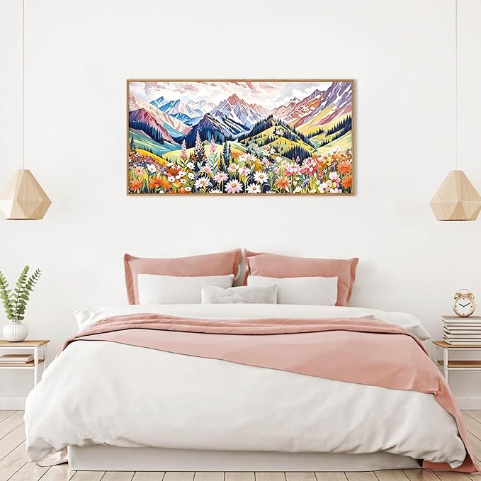 Large Colorful Scenery Framed Canvas Wall Art, Abstract Floral Mountain Wall Decor,Boho Botanical Landscape Artwork,Brilliant Nature Art Print for Living Room, Bedroom, Office- 40"x20"