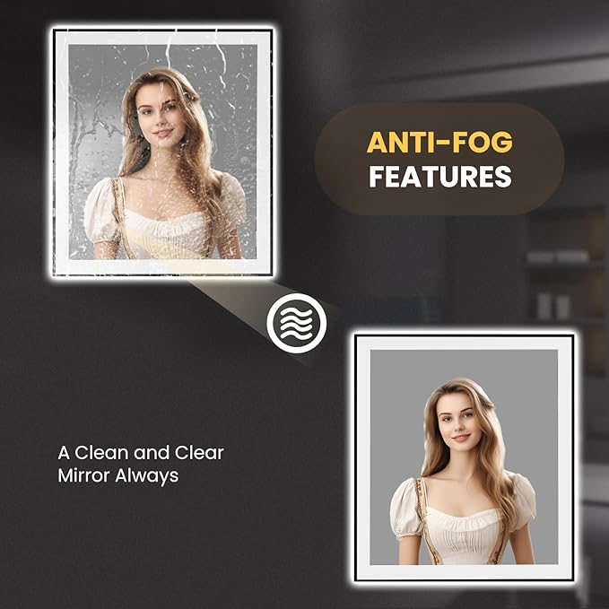 LOAAO 32"X36" LED Bathroom Mirror Black Framed, Anti-Fog, Dimmable, Lighted Bathroom Vanity Mirror for Wall, Memory Function, Tempered Glass