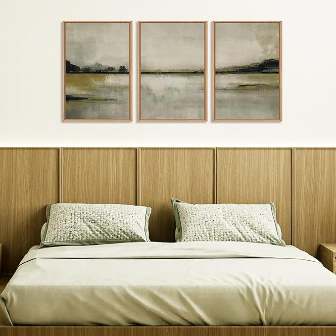 KAIRNE Abstract Mountain Lake Wall Art Set, 3 piece Textured Canvas Wall Decor, Framed Nordic Neutral Tan Painting, Nature Landscape Art Print for Bedroom, Living Room, Office - 24"x36"x3