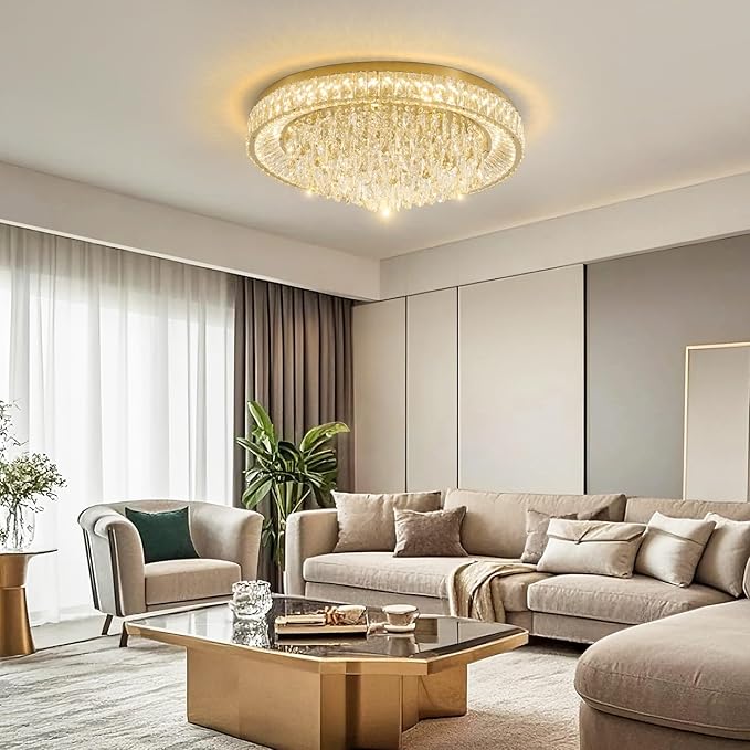30" Ceiling Crystal Chandeliers: K9 Crystals 3 Color Temperature Led Light Dimmable with Remote - Modern Gold Chandelier Crystal Flush Mount Ceiling Lights for Dining Room Living Room Bedroom Entryway