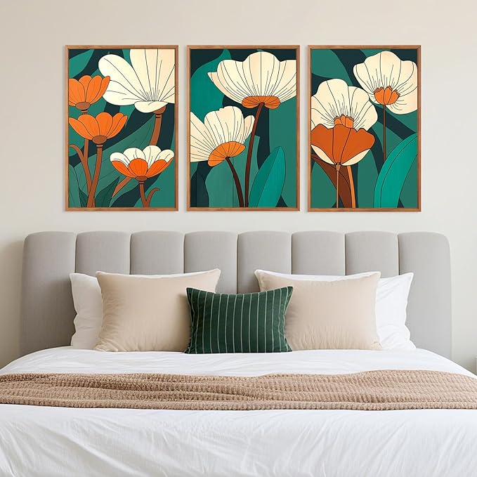 CHDITB Modern Floral Framed Canvas Wall Art Set, Nature Flowers Wall Decor, Abstract Orange Flower Artwork, Wildflowers Picture, Vintage Green Art Prints for Living Room, Bedroom, Office 16"x24"x3