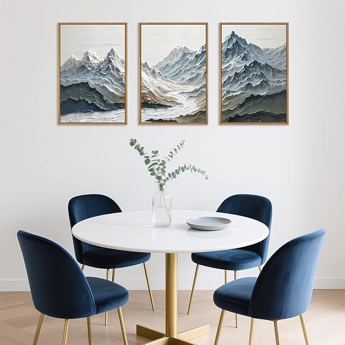 Large Snow Mountain River Framed Canvas Wall Art Set,Modern Abstract Nature Landscape Wall Decor,Neutral Blue and White Ridge Scenery Artwork for Living Room,Bedroom,Office-16 x24 x3