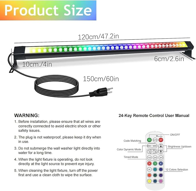 RGB Outdoor Wall Washer Light, 4FT 72W Dimmable LED Wall Washer Lights, 120V IP67 Waterproof Led Light Bar for Outdoor, with 2 Remote, Plug-in (1 Pack)
