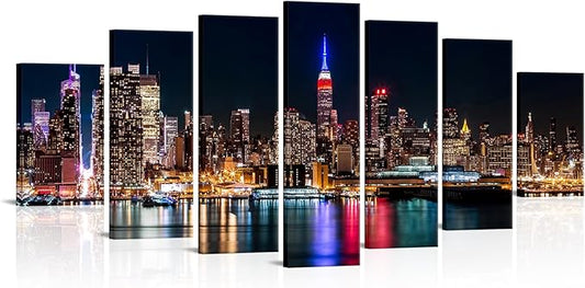 Biuteawal Large 7 Piece New York City Wall Art Manhattan Skyline at Night Picture Canvas Prints Modern Cityscape Artwork Home Office Wall Decor Gallery Wrapped