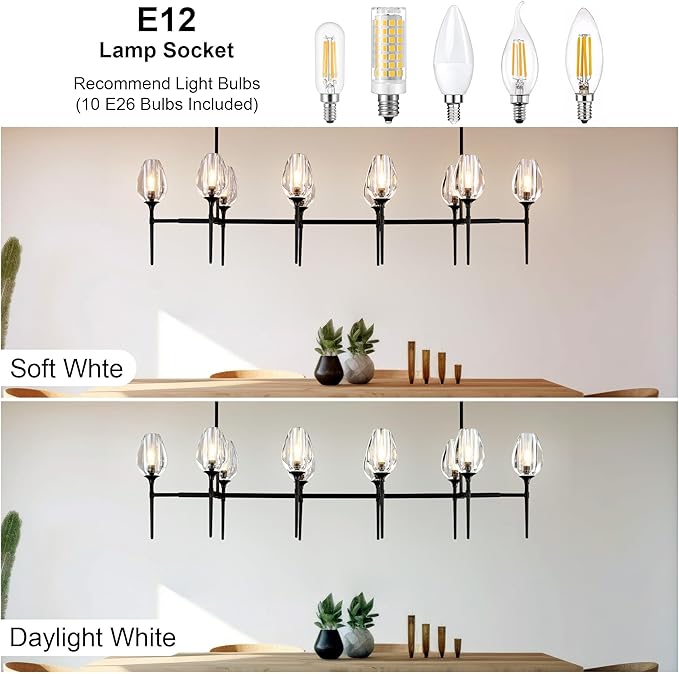Modern Crystal Chandelier 10 Lights Black, 65in Tulip Black Rectangle K9 Crystal Chandeliers, Pendant Ceiling Light for Dining Living Room Bedroom Entryway, E12 Bulbs Included