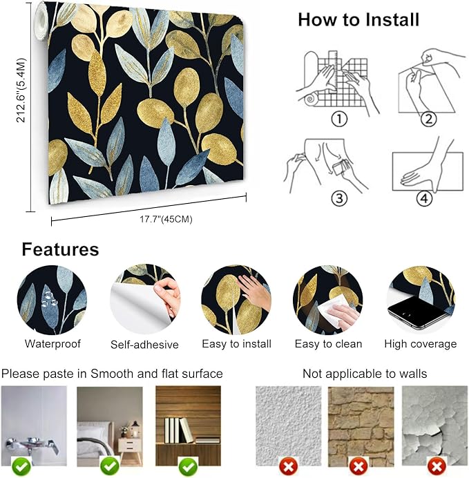 Blue Gold Leaf Peel and Stick Wallpaper Self Adhesive Dark Floral Waterproof Removable Contact Paper Wall Paper for Bedroom Bathroom Cabinets Drawers Wallpaper 17.7" x 70.8"