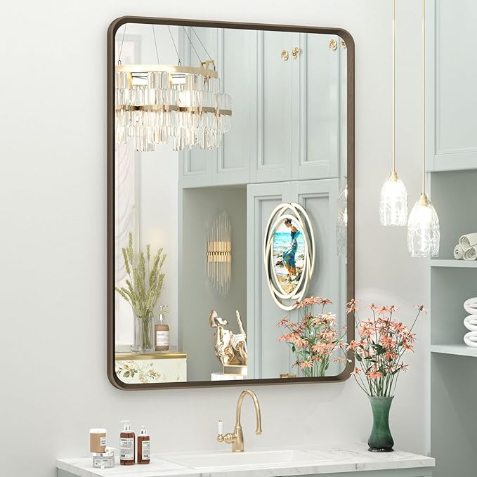 OKPAL 22x30 Bronze Bathroom Wall Mirror, Brushed Metal Framed Vanity Mirror, Bronze Rounded Rectangle Mirror for Modern Farmhouse Wall, Anti-Rust (Horizontal/Vertical)