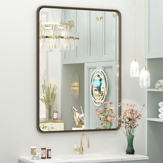 OKPAL 22x30 Bronze Bathroom Wall Mirror, Brushed Metal Framed Vanity Mirror, Bronze Rounded Rectangle Mirror for Modern Farmhouse Wall, Anti-Rust (Horizontal/Vertical)