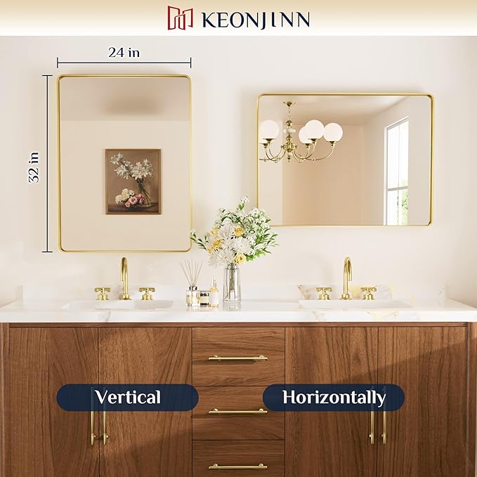 Keonjinn Gold Bathroom Mirrors for Vanity, 24 x 32 Inch Rounded Rectangle Gold Mirror for Wall, Brushed Brass Mirror with Metal Frame, HD Tempered Glass Modern Gold Framed Mirrors(Horizontal/Vertical)