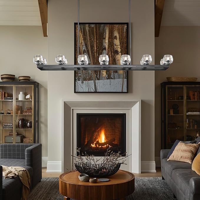 72 Inch Black Rectangle Wagon Wheel Chandeliers, Chandelier for Dining Room Over Table, Modern Crystal Long Chandelier for High Ceiling, Farmhouse Large Linear Chandeliers for Kitchen Island