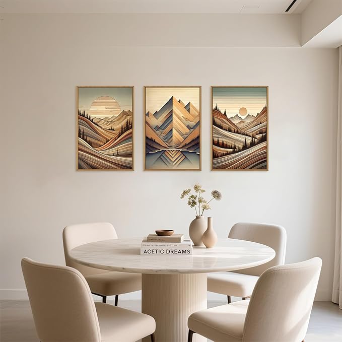 Large Vintage Woodcut Style Mountain Framed Canvas Wall Art,Mid Century Woodland Wall Decor,Boho Sunrise Forest Artwork,Modern Neutral Nature Art Print for Living Room,Bedroom,Office- 24"x36"x3